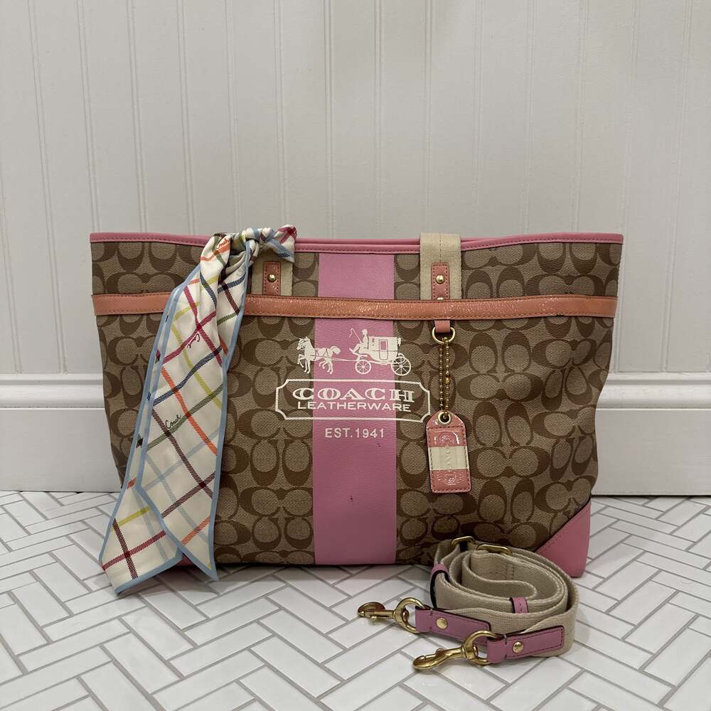 Coach Tote Bag Diaper Bag Shoulder 2way Signature PVC Leather Pink VTG